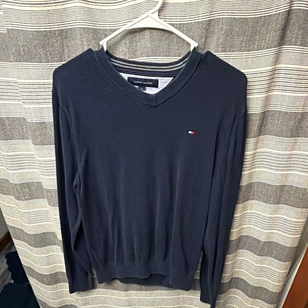 Tommy Hilfiger Men's Navy Cotton Knit V-Neck Pullover Sweater Long M